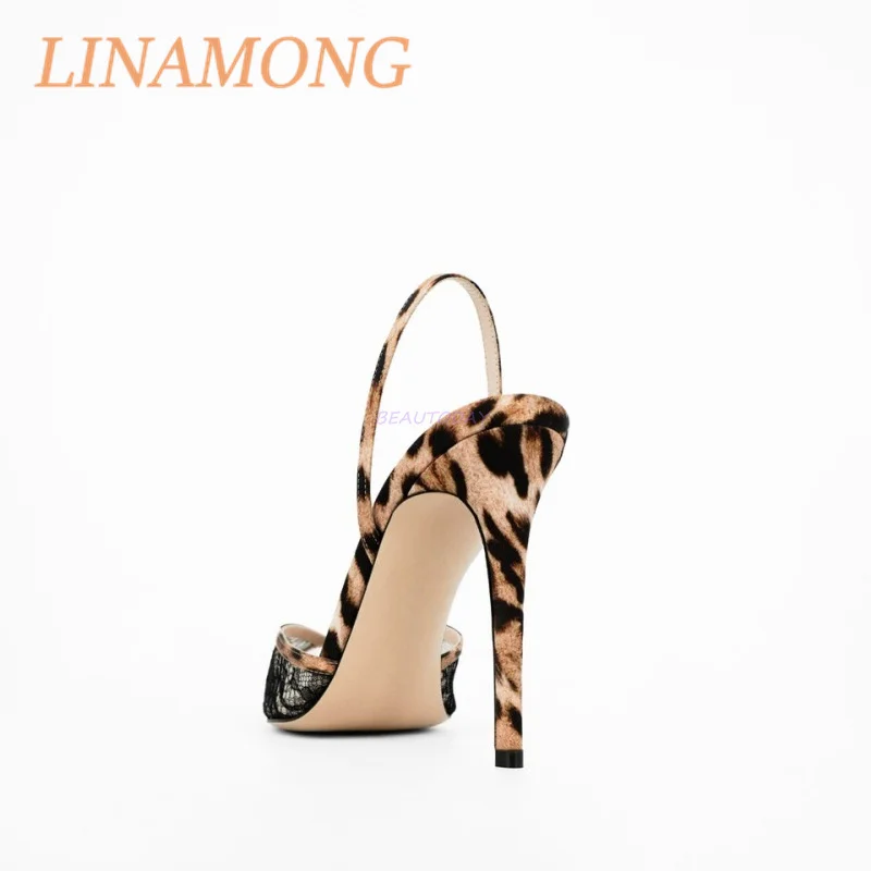 Lace Leopard Print Cool Mop Fashionable and Simple Black Pointed Toe One Foot Strap Temperament Slim High-Heeled Sandals