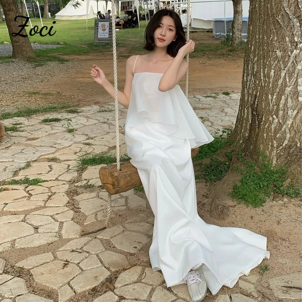 

Zoci Simple Satin A Line Korea Wedding Dresses Spaghetti Strap Bride Party Dress Customized Sleeveless Photos Shoot Wedding Gown