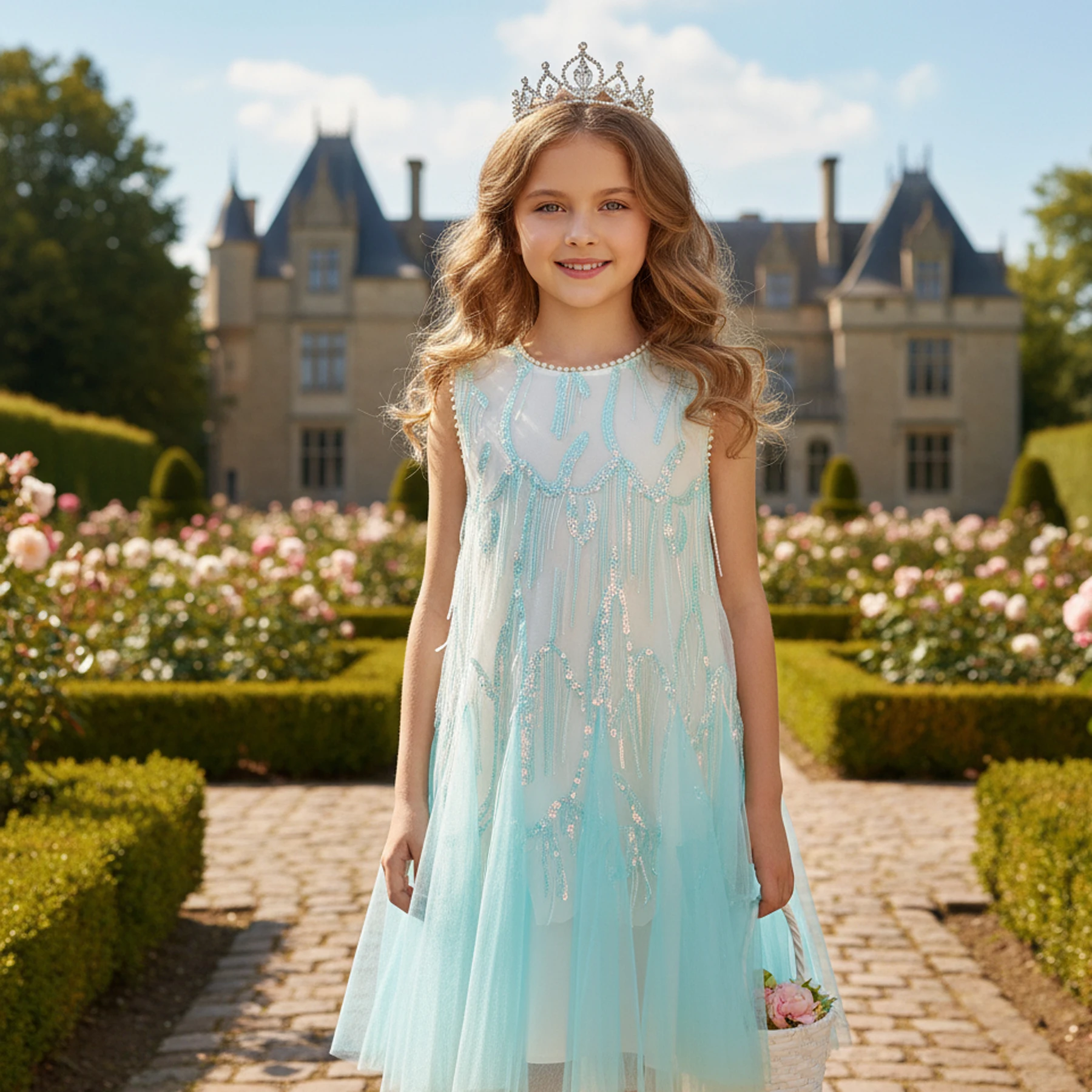 

blue summer sleeveless sweet girl's dress, beautiful bead decoration neckline dress tassel sequined princess dress,
