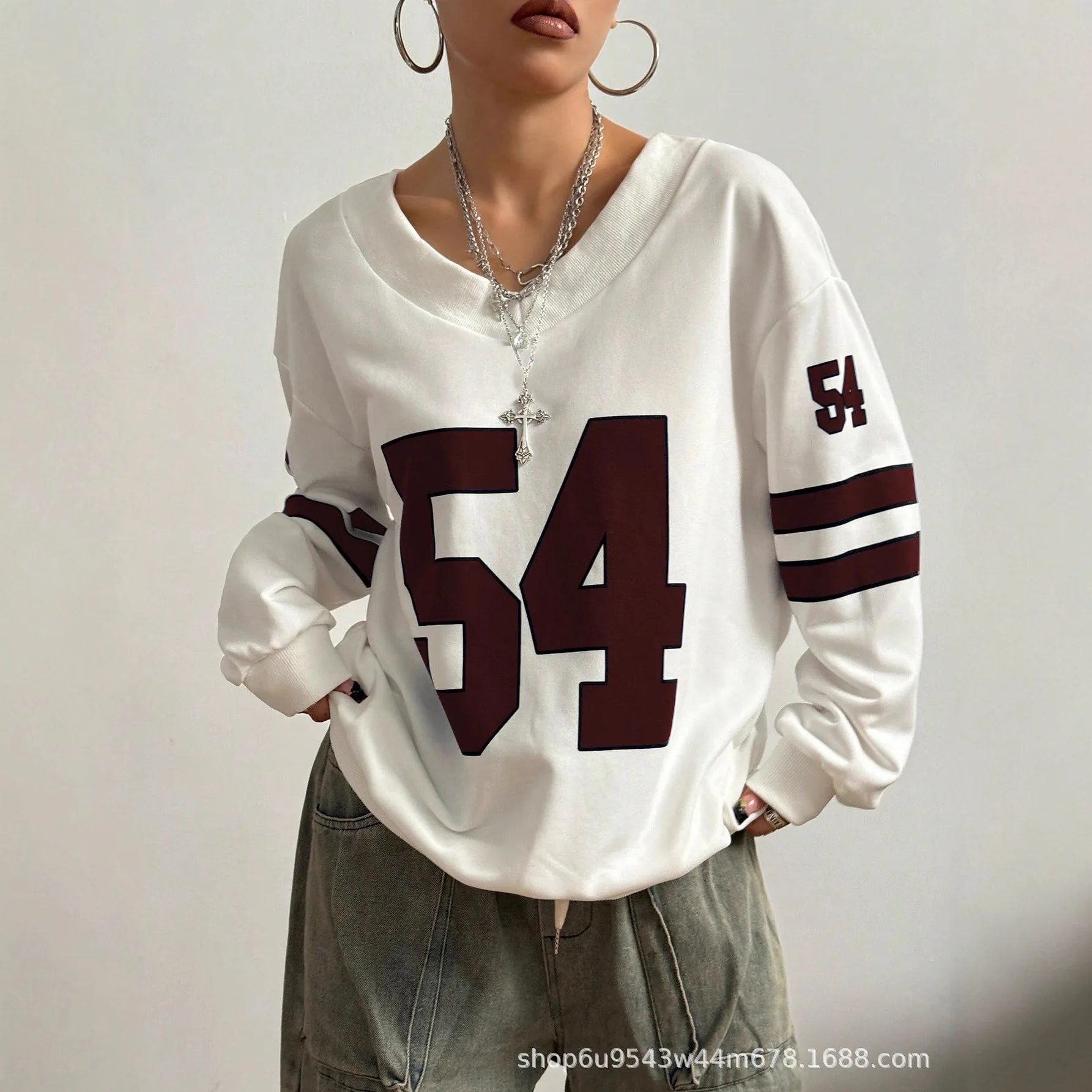 

Свитшот с цветными блоками и короткими рукавами, свитшот с V-образным вырезом в рубчик, свитшот с цифровым принтом, повседневный универсальный топ для женщин