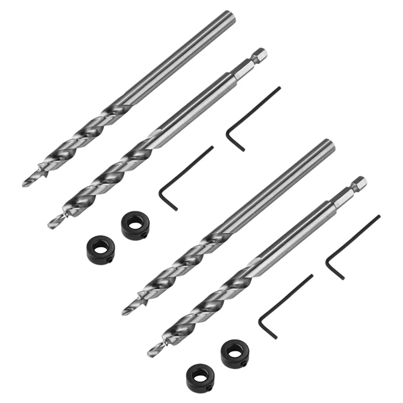 

2 Set 3/8 Inch Pocket Hole Drill Bit With Depth Stop Collar 1/4 Hex Shank Replacement Twist Step Drills