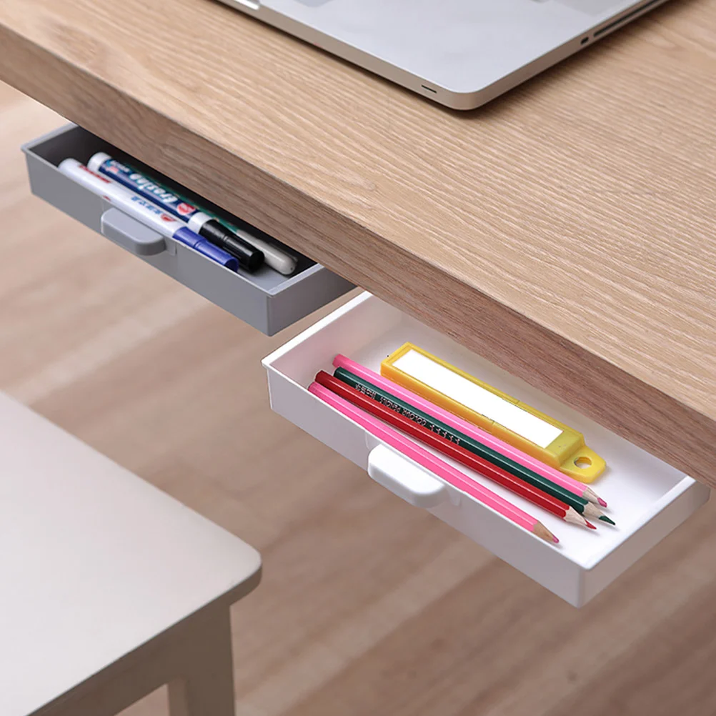 

2pcs Hidden Under Table Drawers Stationery Holders PP Material Double Sided Adhesive Nail Free Design Desktop Storage Pen Box