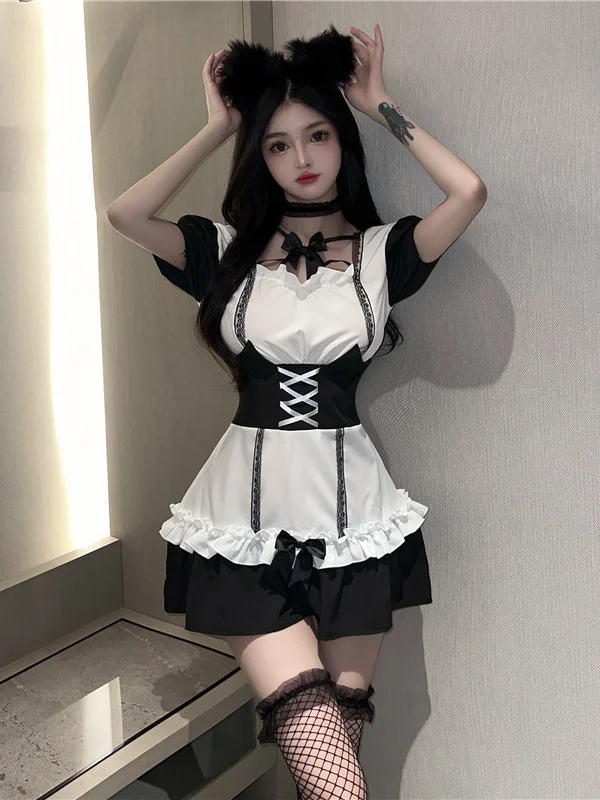 Temptation Elegant Passion Atmosphere Gentle Fashion Dress Sexy Servant Dress Slim Attractive Ruffled Waist Uniform Set L1P9