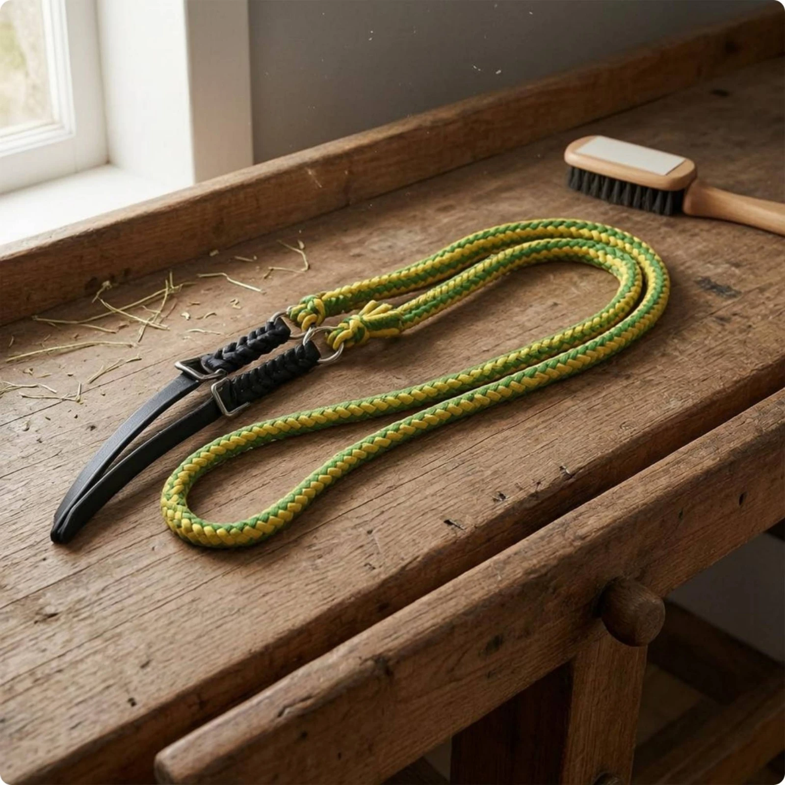 braided-bridle-rein-green-and-yellow-bridle-reins-looped-rein-accessory-metal-rings-equestrian-gear-black-lower-sections