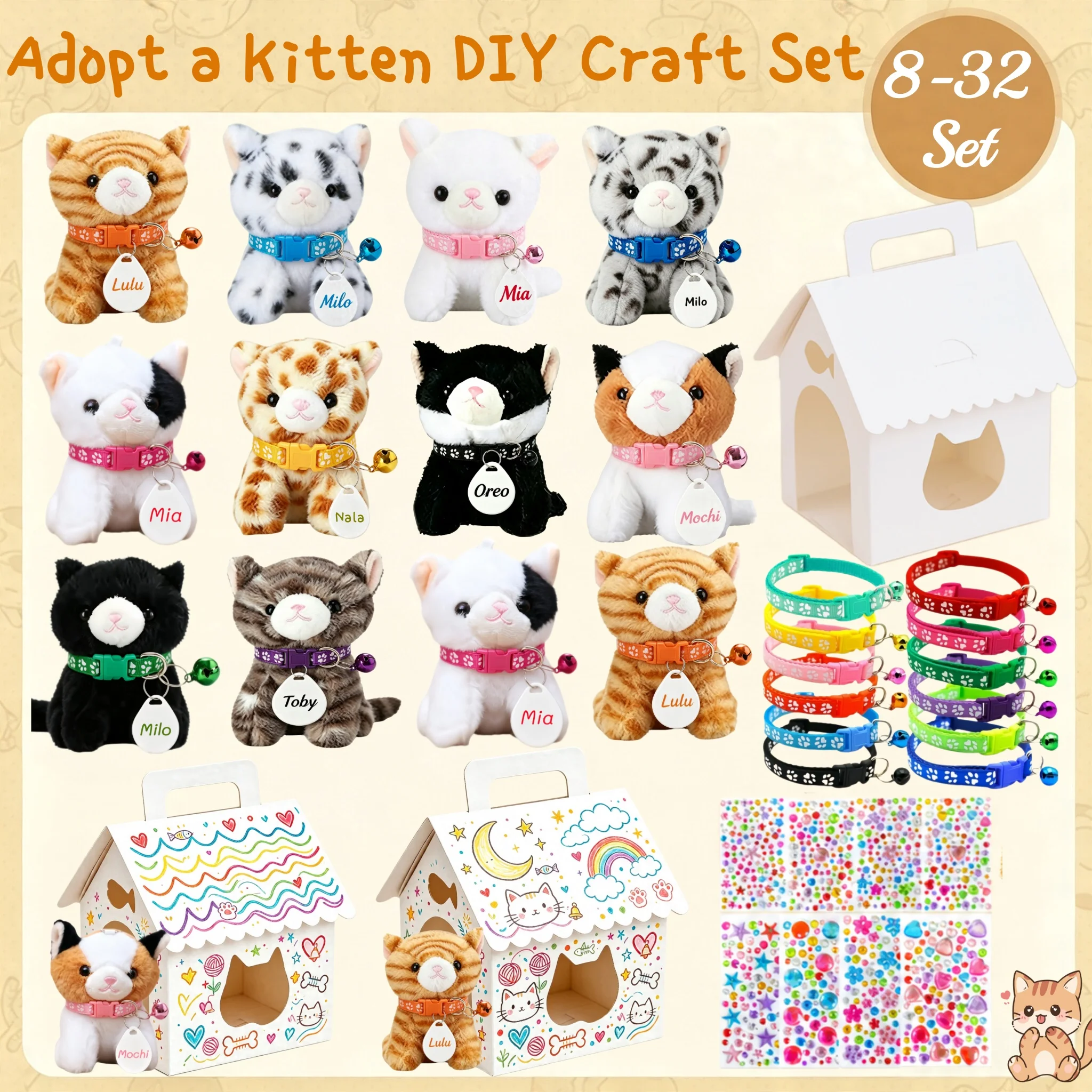 Image of 8-32er-Set „Kätzchen adoptieren“-Partygeschenke, Katzen-Stofftiere in Großpackung, verstellbares Halsband, ID-Karte und DIY-Kätzchenhaus für Geburtstags- und Babypartys