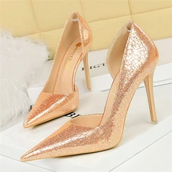 BIGTREE Sexy Fashion High-Heeled Women's Shoes Glisten Golden Woman Pump Pointed Toe Side Hollowed Out Party Single High Heels