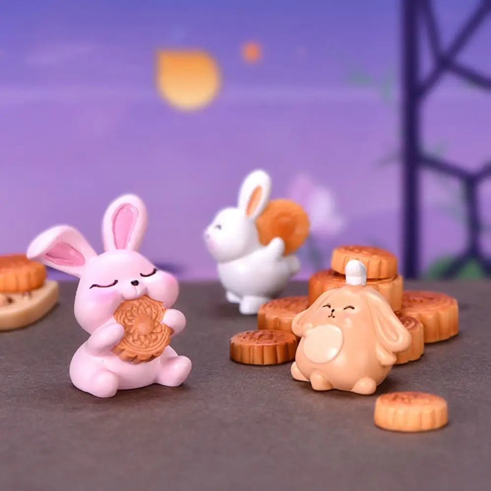 Decorative Mini Rabbit Mooncake Figurines Cartoon Cute Mid-autumn Rabbit Figurines Resin Moon Cakes Ornament Micro Landscape