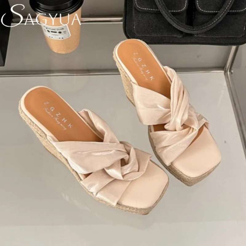 

Platform Slippers Women Wedges Sandals Square Toe Weave High Heels Shoes Summer 2025 Trend Dress Open Toe Casual Slides Mujer
