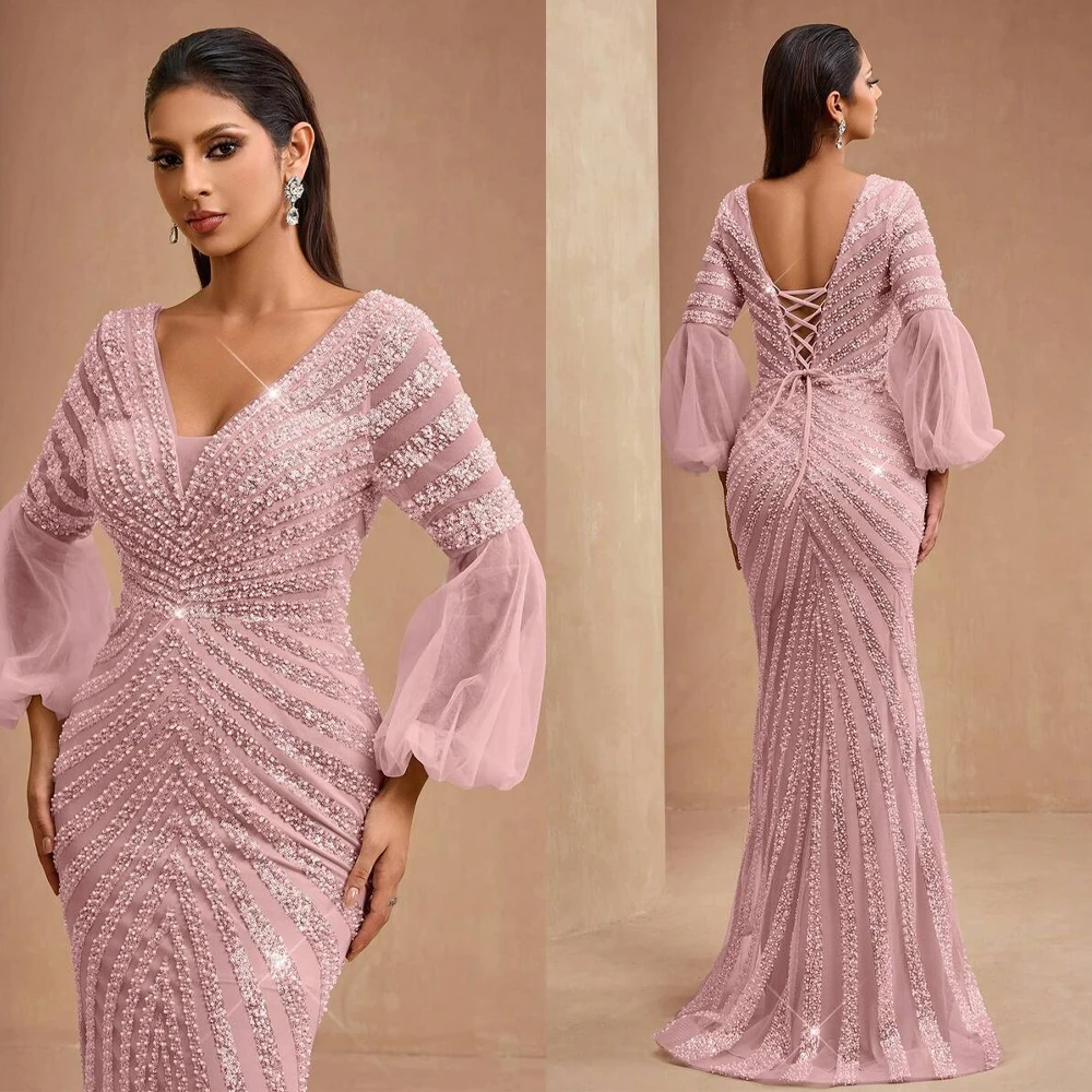 Sexy Mermaid Formal Prom Dresses V Neck Long Seleeves Full Beaded Sequins Back Lace Up Prom Dress Customized Evening Party Gowns