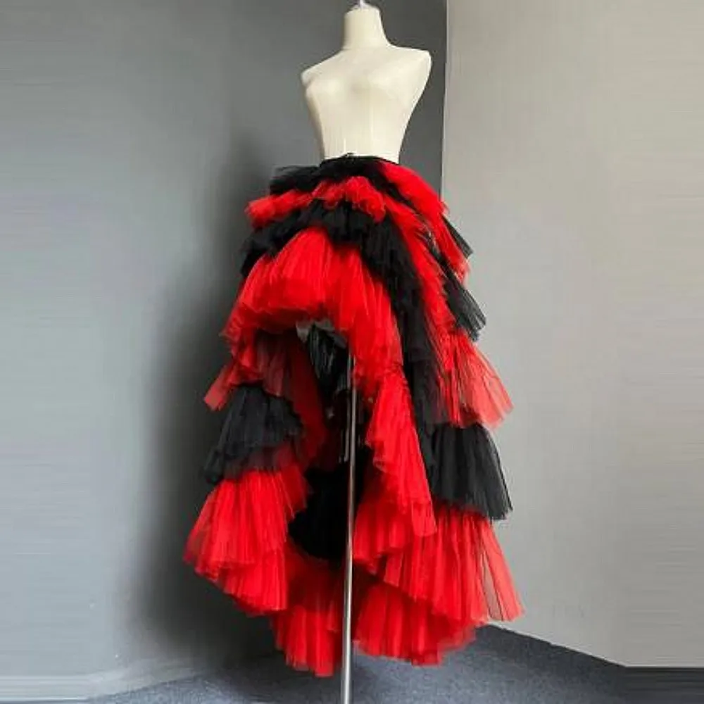 

Mixed Color Red &Black Long Birthday Party Skirt High Low Layered Tulle Puffy Ruffled Women Party Skirts Maxi Skirts