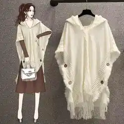 Hooded Crochet Cloak Poncho Shawl - Boho Chic Fringed Knit Wrap for Women, Spring-Autumn Versatile Outerwear
