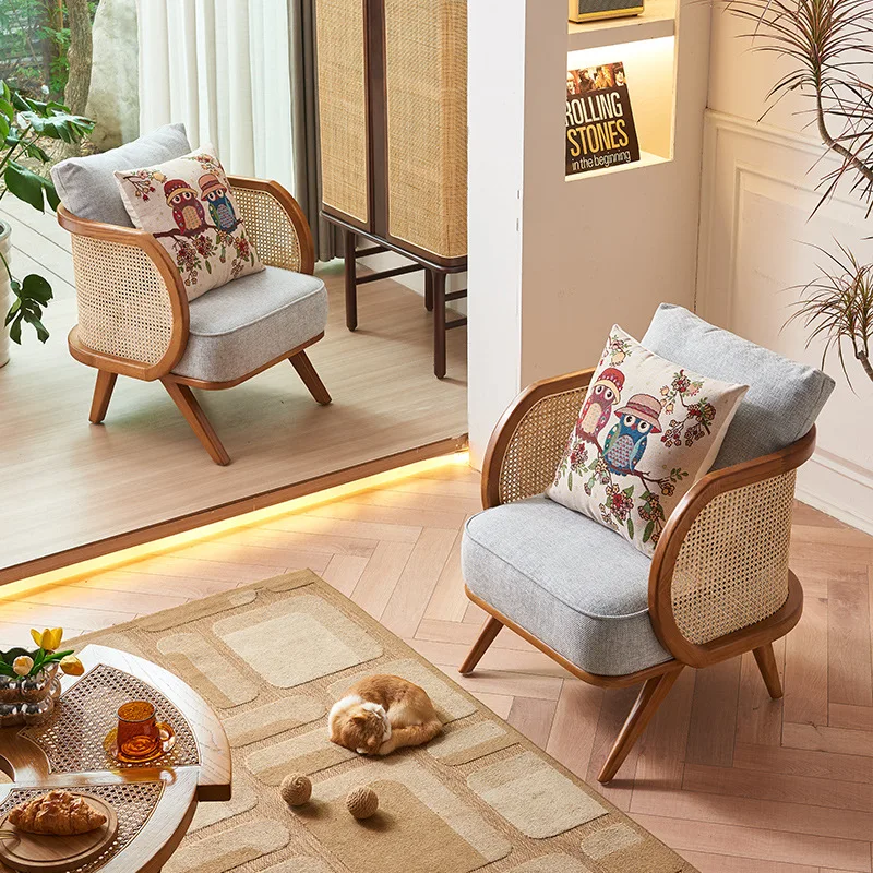 

Nordic solid wood sofa chair living room simple wabi wind B & B rattan leisure chair balcony three-piece set Foshan furniture