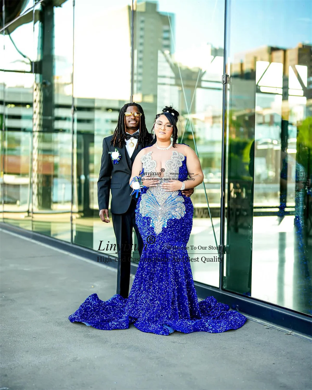 Royal Blue Mermaid Prom Dress For Black Girls Crystals Sequins Beads Birthday Reception Party Gown Plus Size Robe De Soiree
