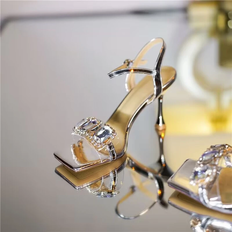 2025 New Slim Heel with Diamond Square Toe Sandals for Women in The Summer of  New Fairy Style Open Toe Sexy High Heels