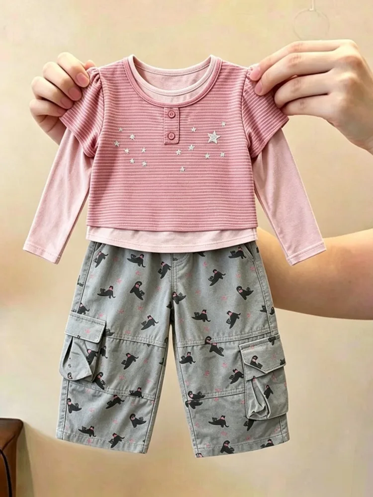 Girls' Autumnal Two-Piece Set Long Sleeve Star Striped Top with Work Pants Casual Sportswear Children's Fashion Little Girls