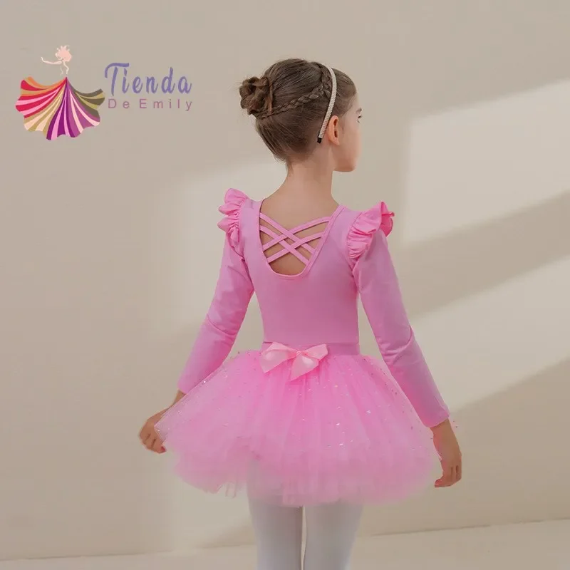 Figure Skating Dress Jumpsuit Costumes Girls Cotton Long Sleeve Leotard Ruffle Tutu Skirt 4 Layers Fluffy Sparkle Princess Suit