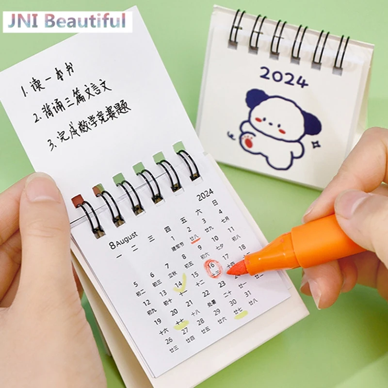 2024 Year Simple Ins Small Desk Calendar Student Desktop Cute Cartoon Dog Rabbit Mini Note Memo Calendar Study Office Calendar
