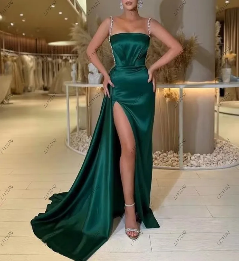 LIYYLHQ Long Green Mermaid Prom Dresses Sweetheart Pleats Satin vestido de gala High Split Long Robe De Soiree Party Dresses