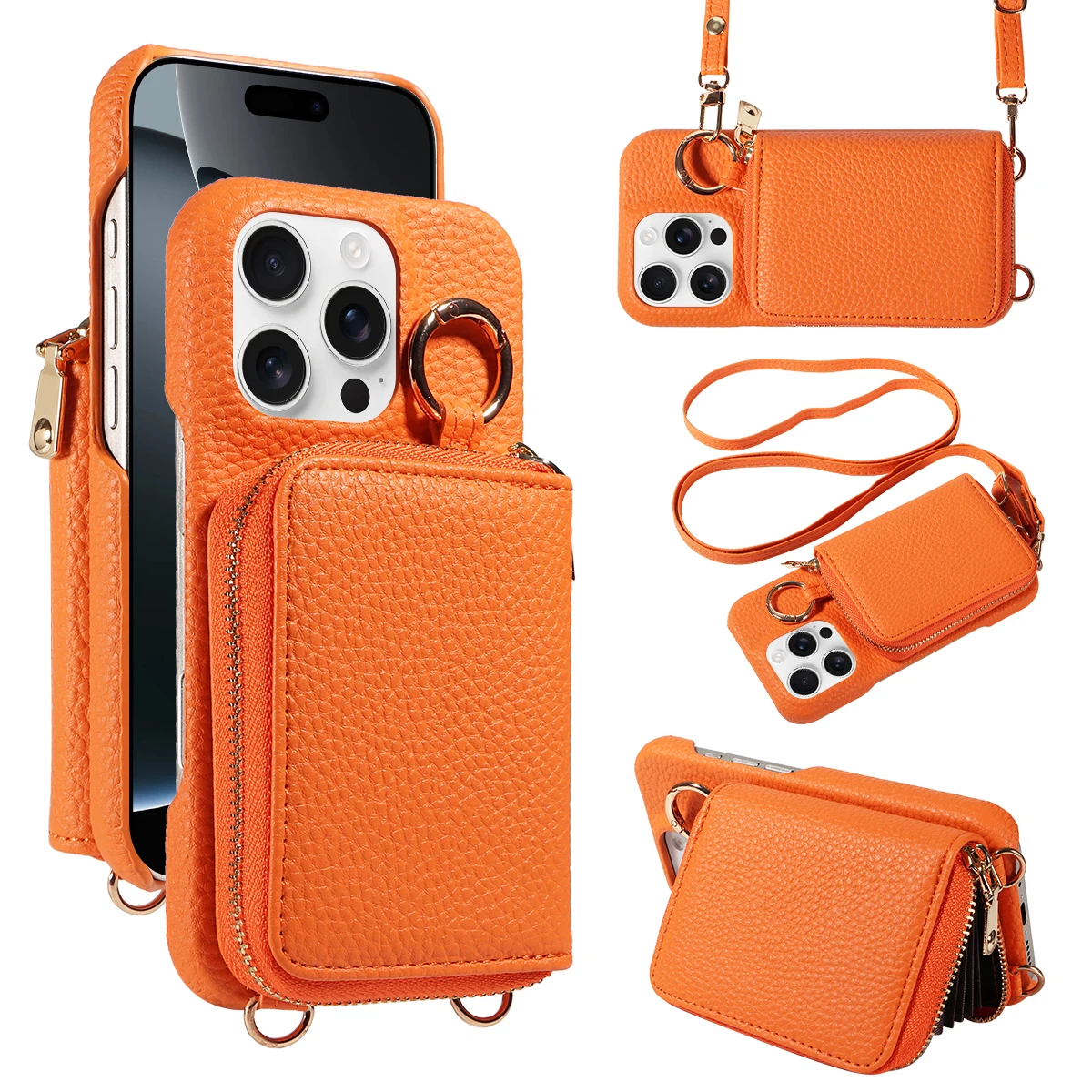 Leder-Handyhülle für iPhone 17ProMax 17Pro 17E 17 AIR Multifunktionale Schutzhülle mit Trageband, Ständer, Reißverschluss und Geldbörse.