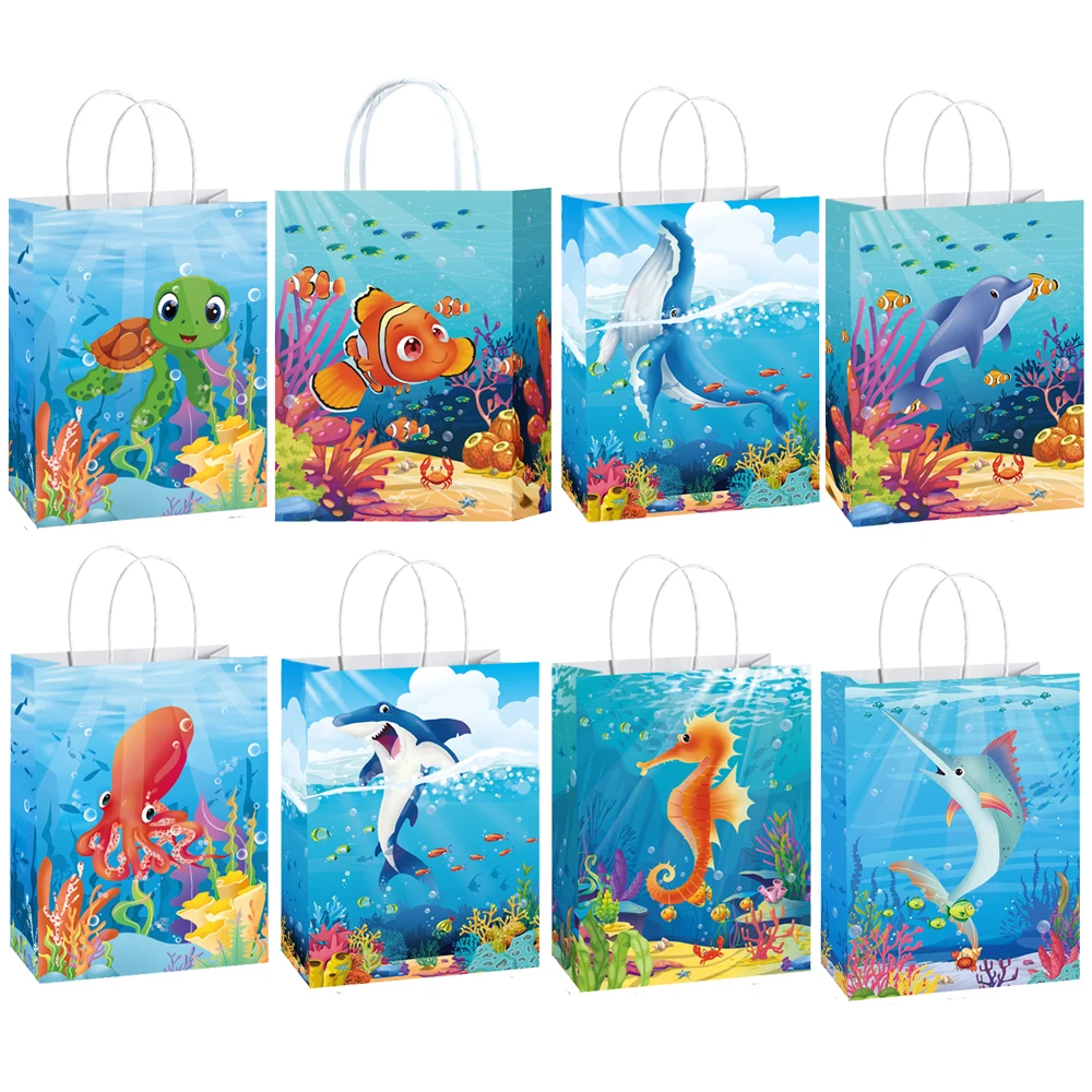 8/16/24/48pcs Sea Animals Party Paper Gift Bags Ocean Animals Treat Bags with Handles Under the Sea Theme Birthday Party Decor