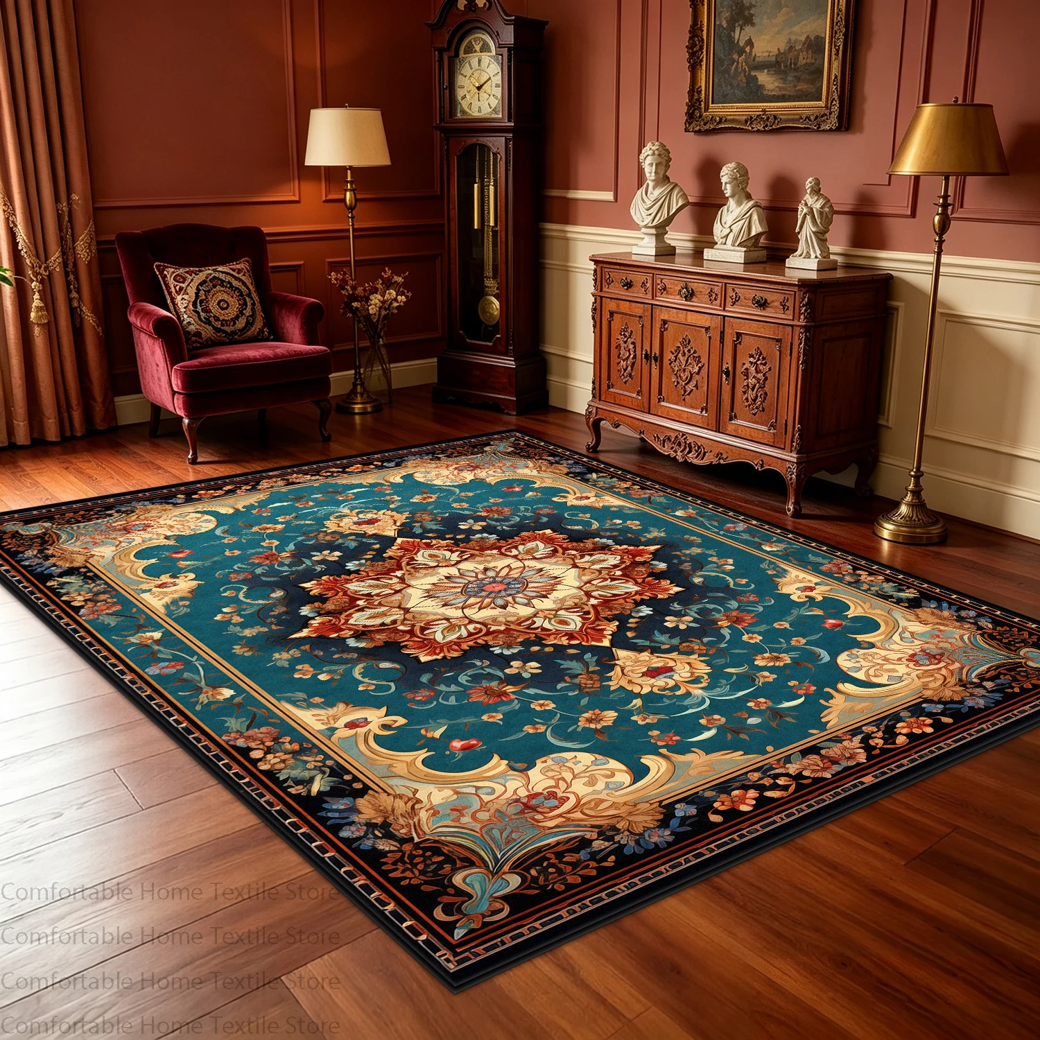 Victorian Vintage Large Area Living Room Rug European Classical Floral Pattern Non Slip Washable Office Carpet Fluffy Floor Mat
