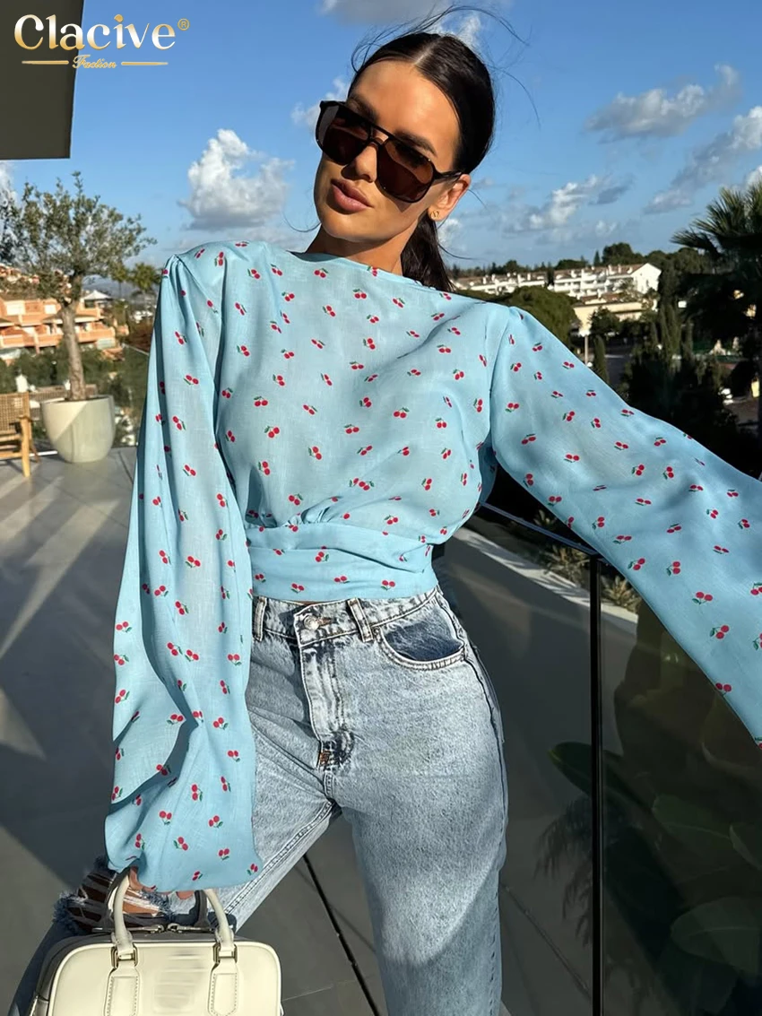Clacive Fashion Loose Print Women's Shirt 2025 Elegant O-Neck Long Sleeve Shirts Streetwear Classic Crop Top Female Clothing