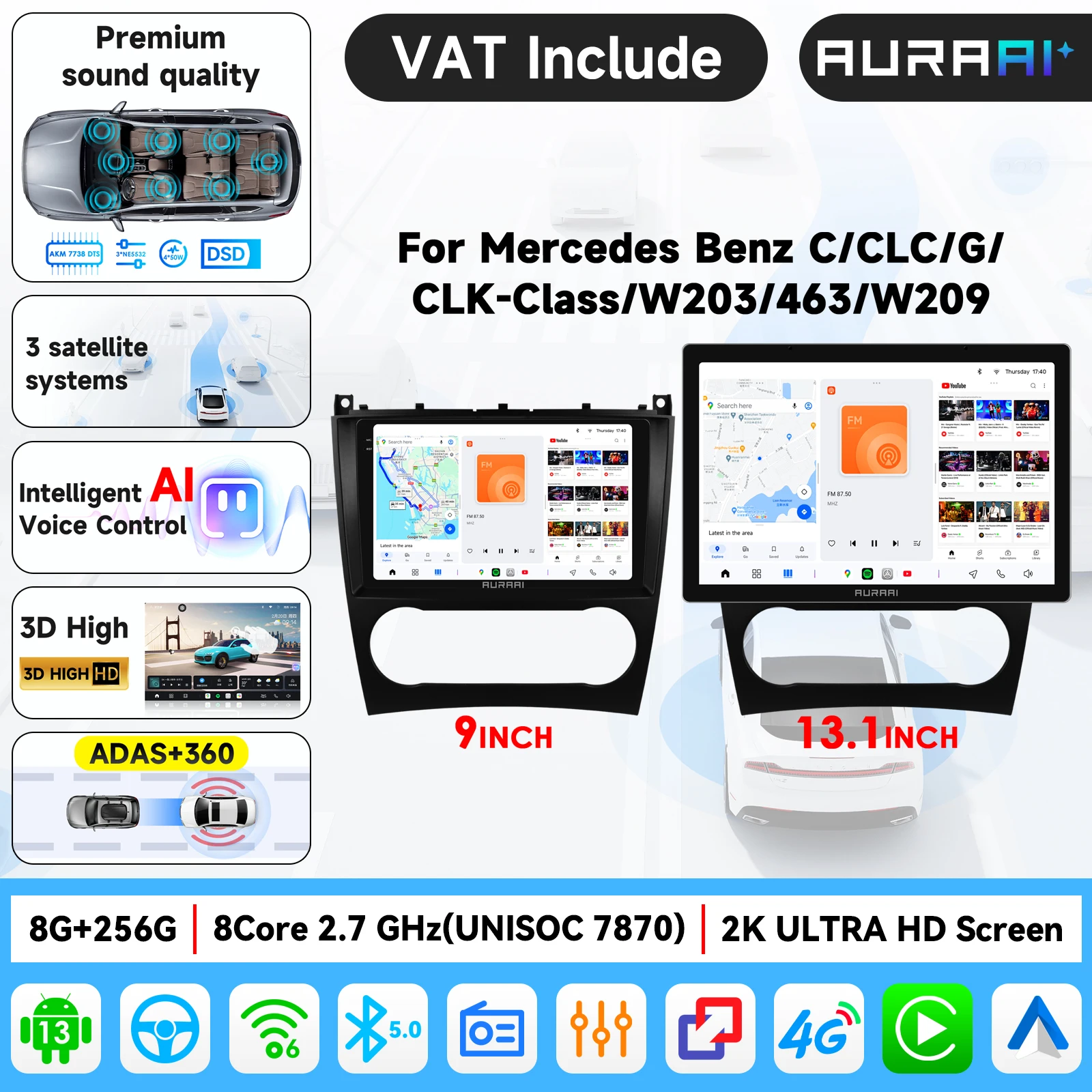 AURAAI 2.7Ghz*8 2K Écran intelligent pour voiture, autoradio Android Carplay pour Mercedes Benz Classe C W203 Classe CLK W209, lecteur multimédia, écran 1920*1200, interface ultra 3D, radio en ligne, amplificateur TDA7708,7851, AKM 7738 DTS, avec avertissement de sécurité de conduite style Tesla