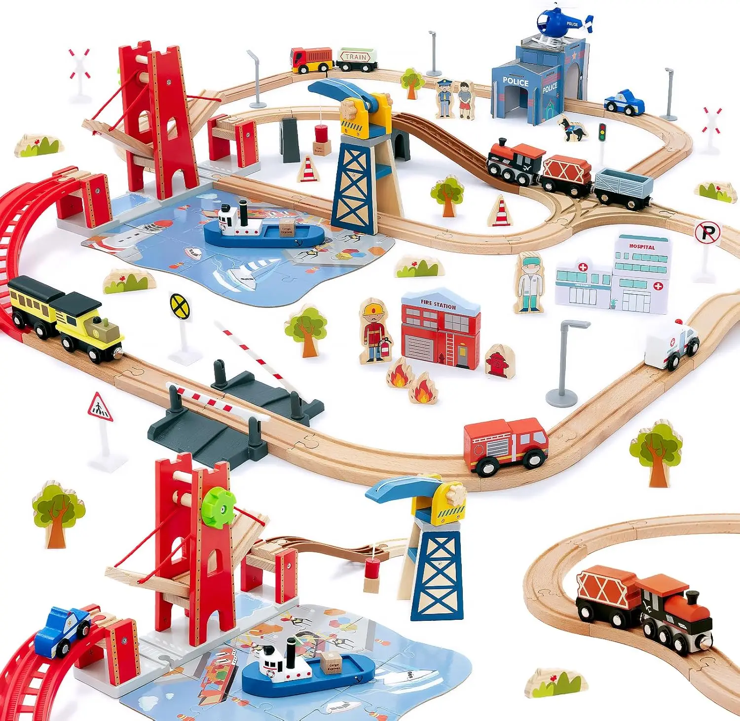 117 Pcs Busy Port City Train Set for Kids- Expandable & Changeable Wooden Train Tracks Set Toddler Toy