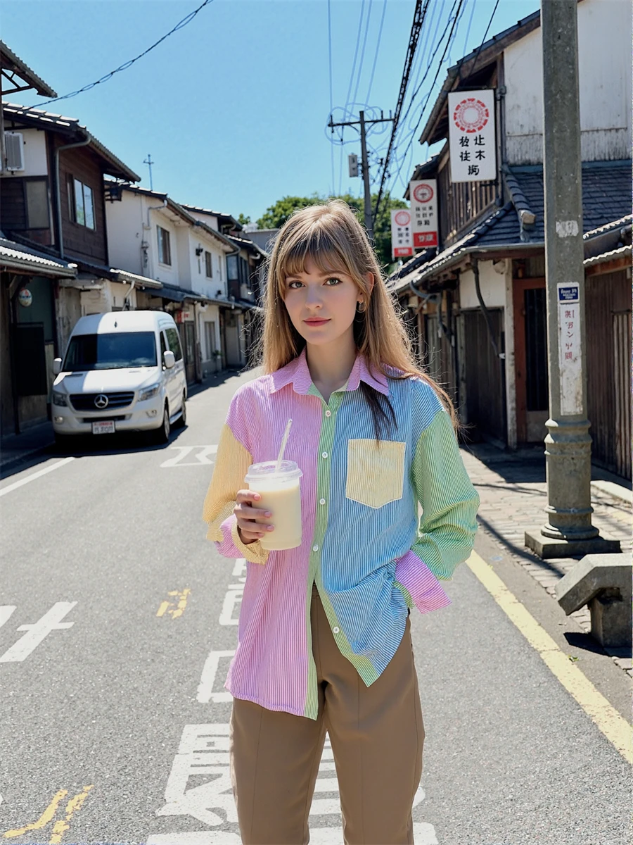 

Striped Candy Color Shirt for Women with Lightweight Patchwork Fabric and Long Sleeves Perfect Korean Streetwear Looks