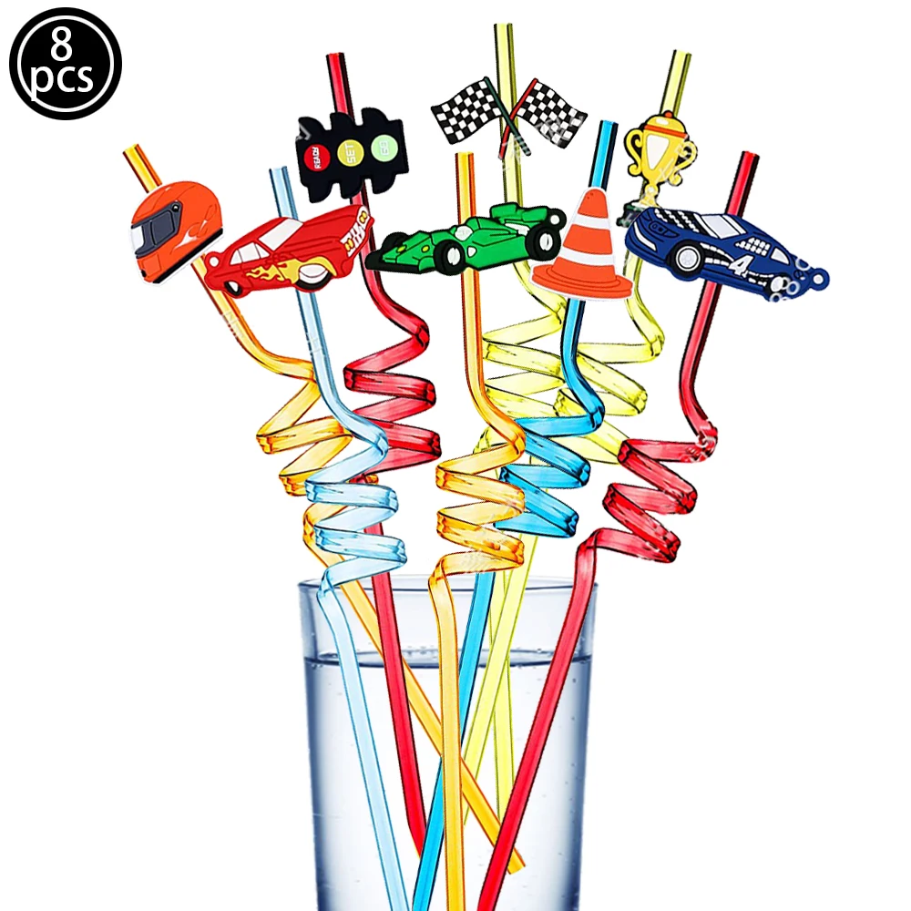 Race Car Party Reusable Straws 8pcs Racing Car Plastic Drink Straws Kids Party Favors Birthday Two Fast Party Supplies Favors