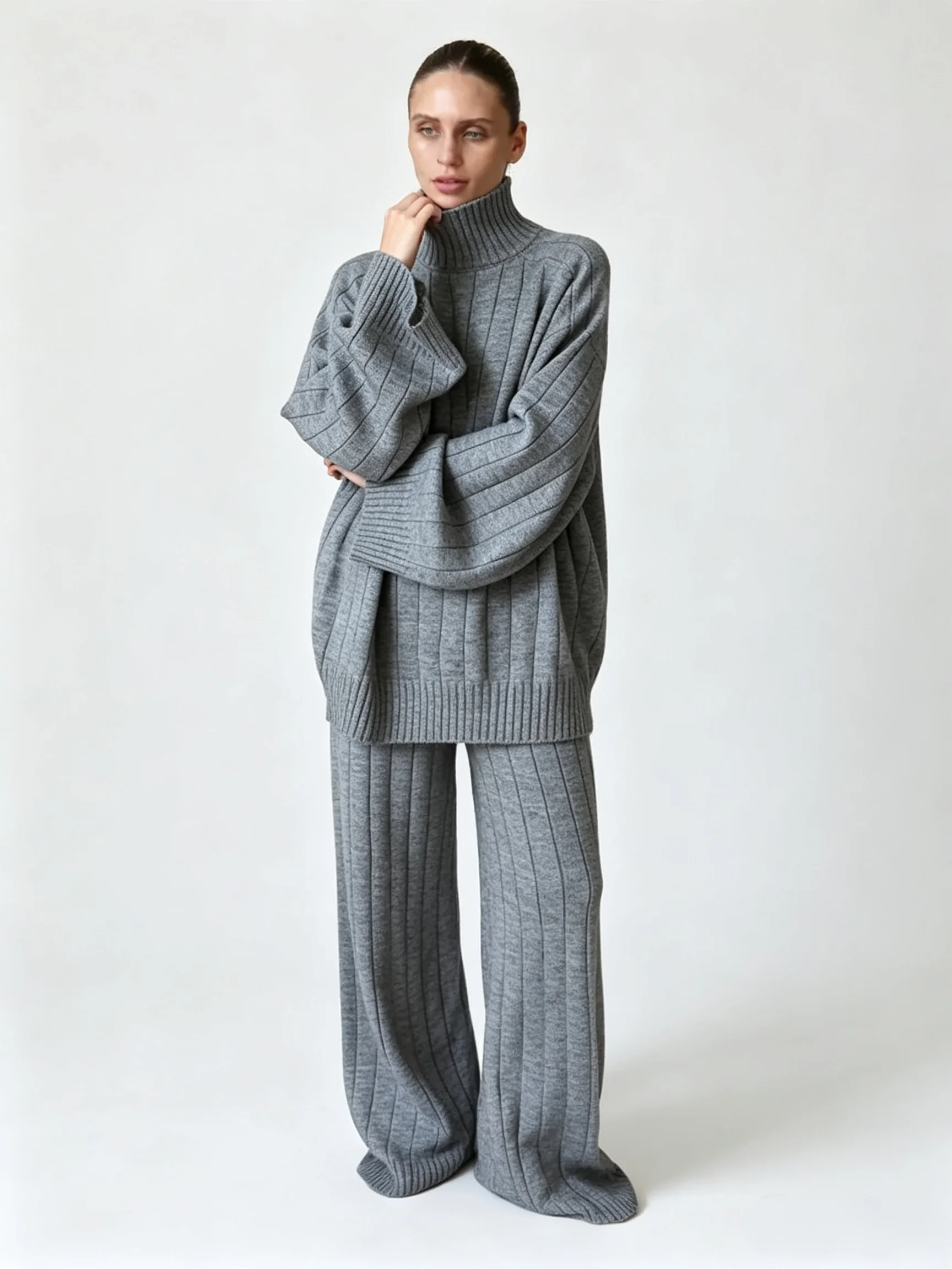 Bornladies Women's Two-piece Vertical Ribbed High Neck Sweater and Pants Set Suitable for Casual Wear in Autumn and Winter