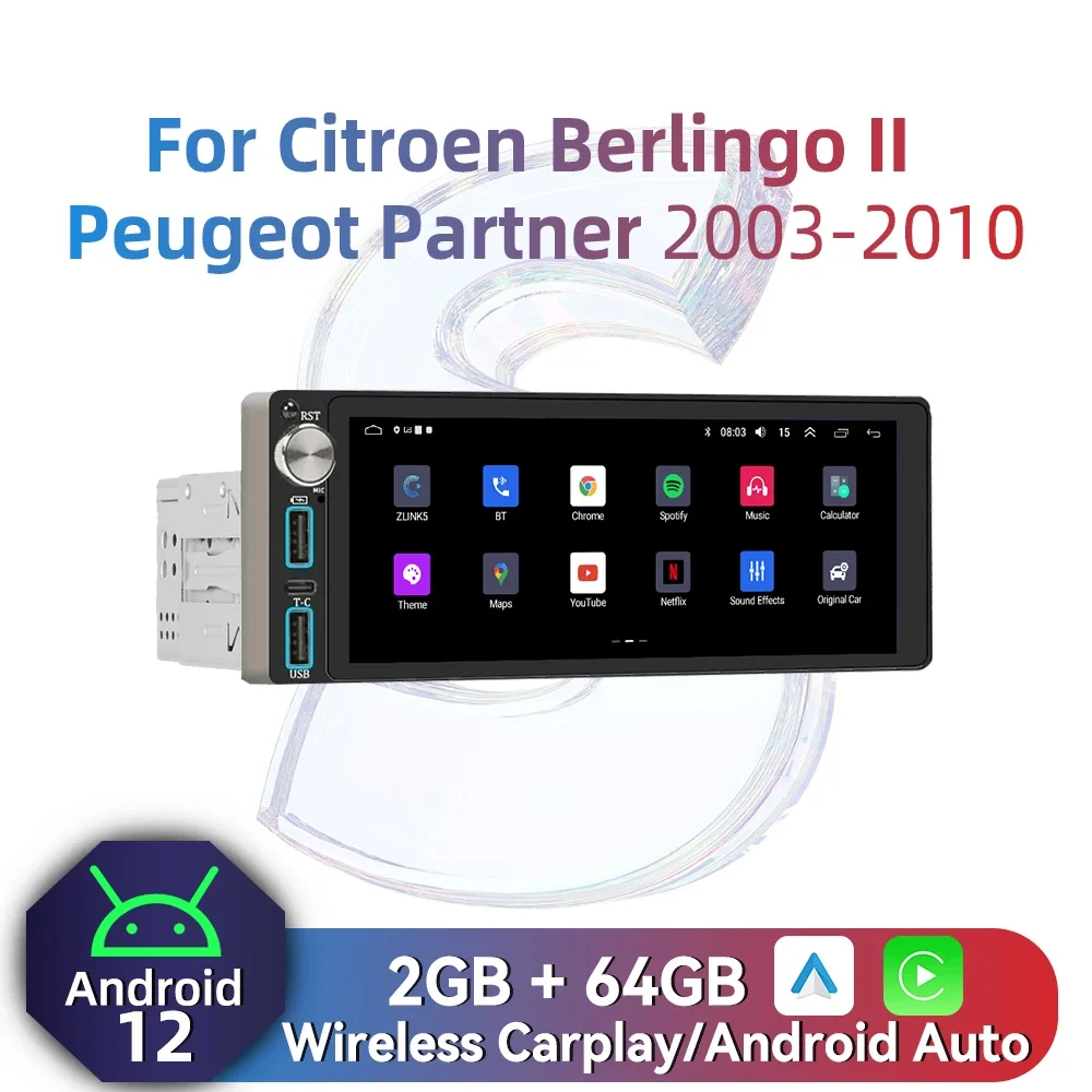 Carplay Autoradio 1 Din Radio Android Car Multimedia for Citroen Berlingo II Peugeot Partner 2003-2010 6.86