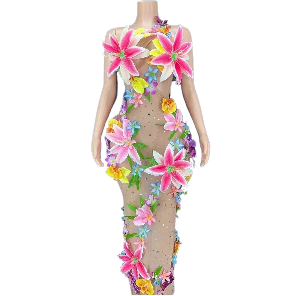 

Sexy Shining Rhinestones Floral Backless Split Long Dress For Women Drag Queen Festival Stage Dragqueen Costumes Party Wear