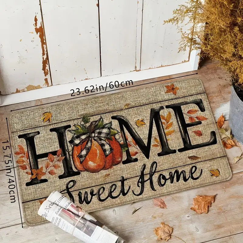 VIKAMA Vintage Pumpkin Maple Leaf Entry Floor Mat Anti-slip and Wear-resistant Kitchen Carpet Thanksgiving Home Decoration