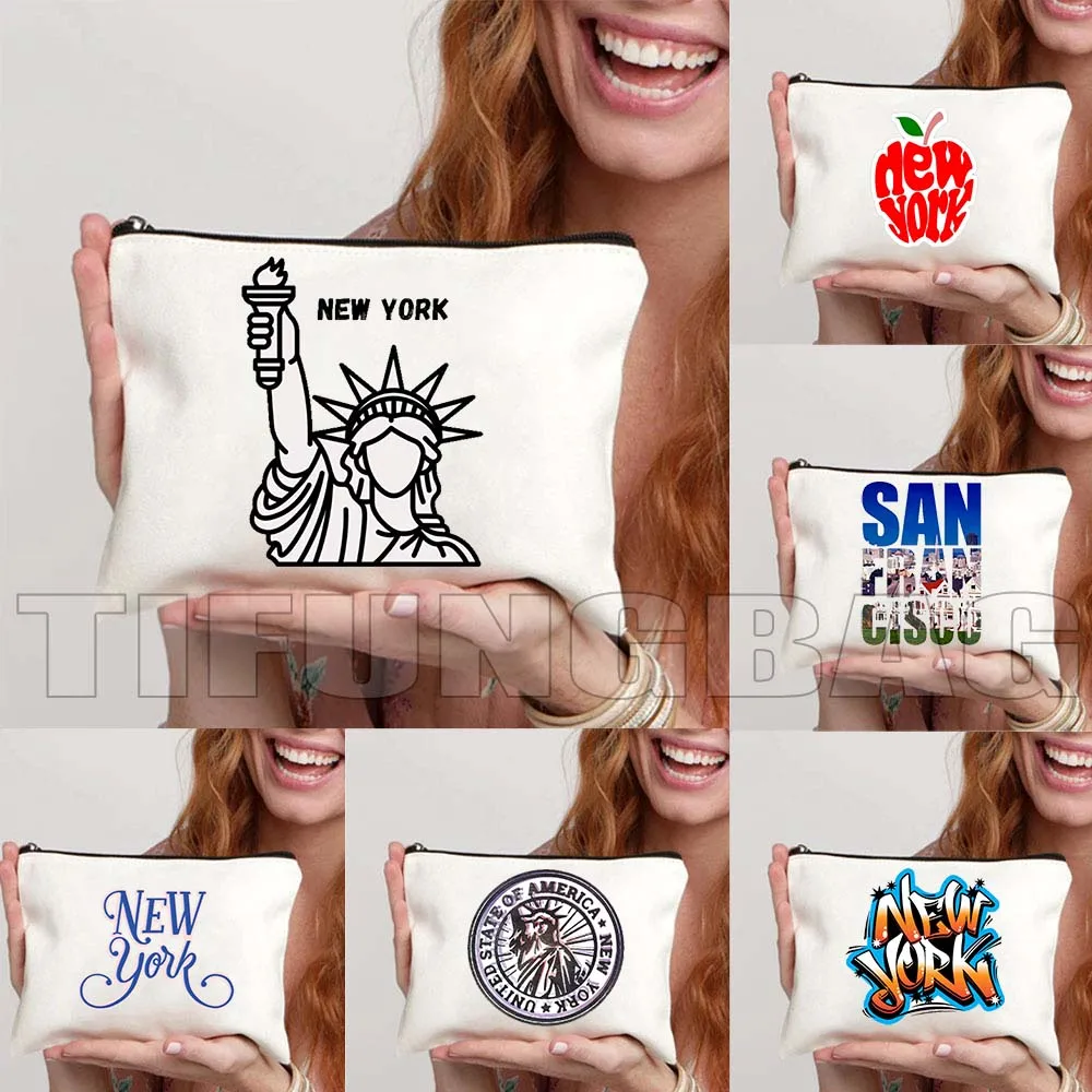 Nueva York City, la gran manzana, regalos bonitos de Nueva York, sello de Estatua de la libertad, letras de San Francisco, bolsa de aseo para maquillaje cosmético