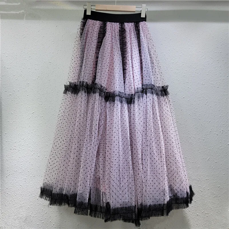 DEAT Women's Mesh Skirt Patchwork Polka Dot A-line Elastic High Waist Female Loose Causal Long Skirts 2025 New Fashion 29L9672