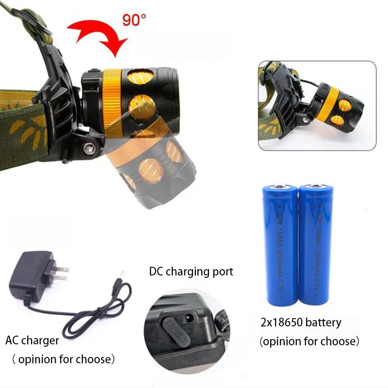 2 Leds fishing Headlamp 18650 Headlight Head Torches Lamp light frontal Flashlight yellow blue night outdoor camping lighting