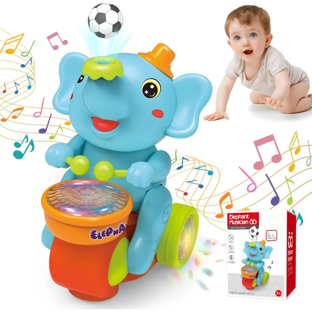 Brinquedo eletrônico de elefante azul com luzes coloridas e música, lança bolas, presente sensorial de aniversário para crianças de 3 a 8 anos.