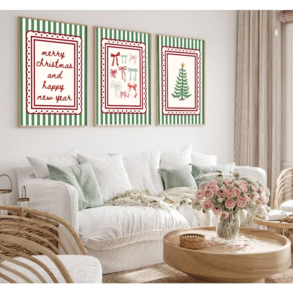 Frameless Whimsical Print,fashionable Holiday Wall Art,digital Download,merry Christmas,green Stripes and Red Bows,home Decor