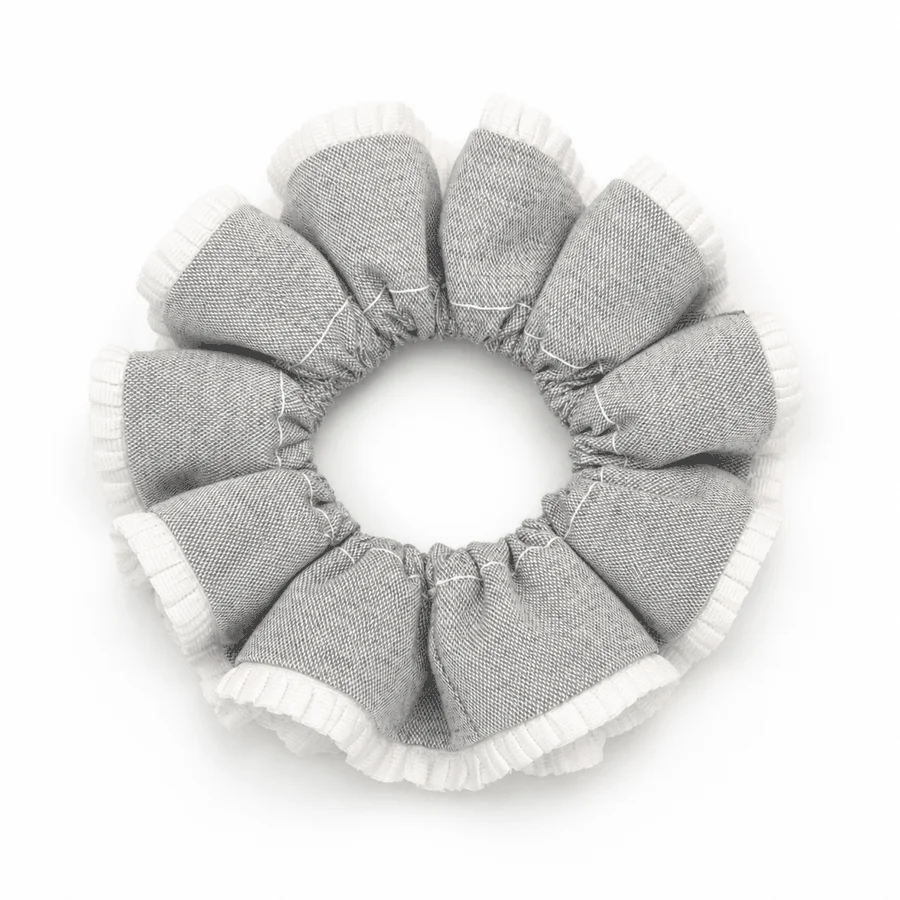 Gray Double Layer Ruffle Trim Scrunchie for Women, White Pleated Edge Woven Fabric Hair Tie, Elastic Ponytail Holder