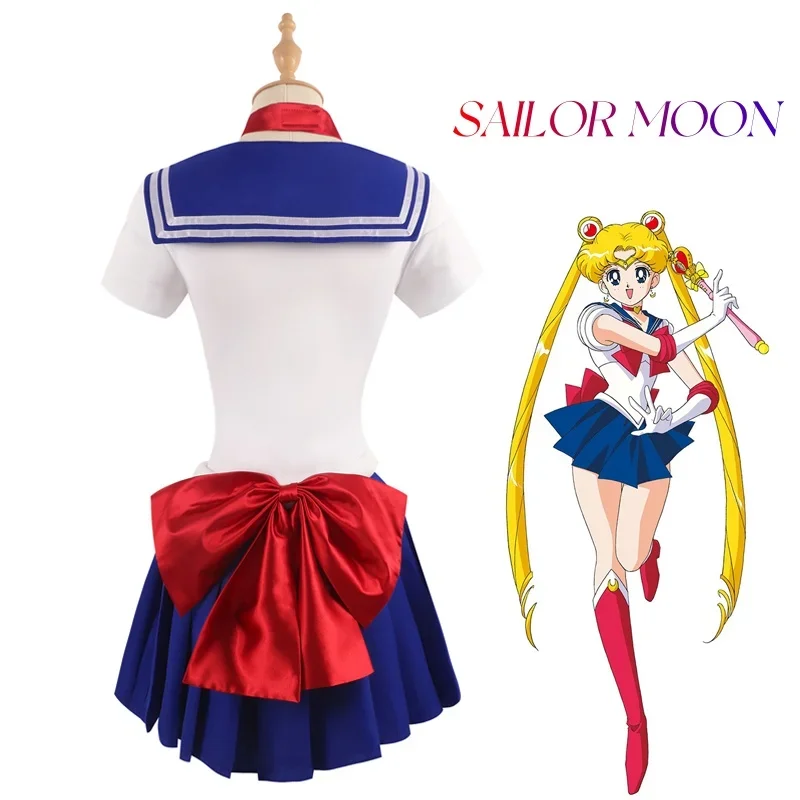 Women's Sailor Moon Tsukino Usagi Adult Cosplay Costume 7 Pcs Set Crystal Sailor Suit Dress Wig Props Uniform Outfit Halloween