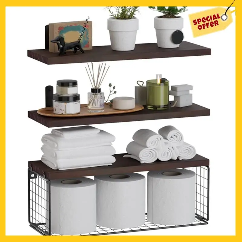 

Bathroom Shelves Over Toilet, Floating Bathroom Wall Shelves With Wire Basket, Shelf For Wall Decor Wood Easy Install