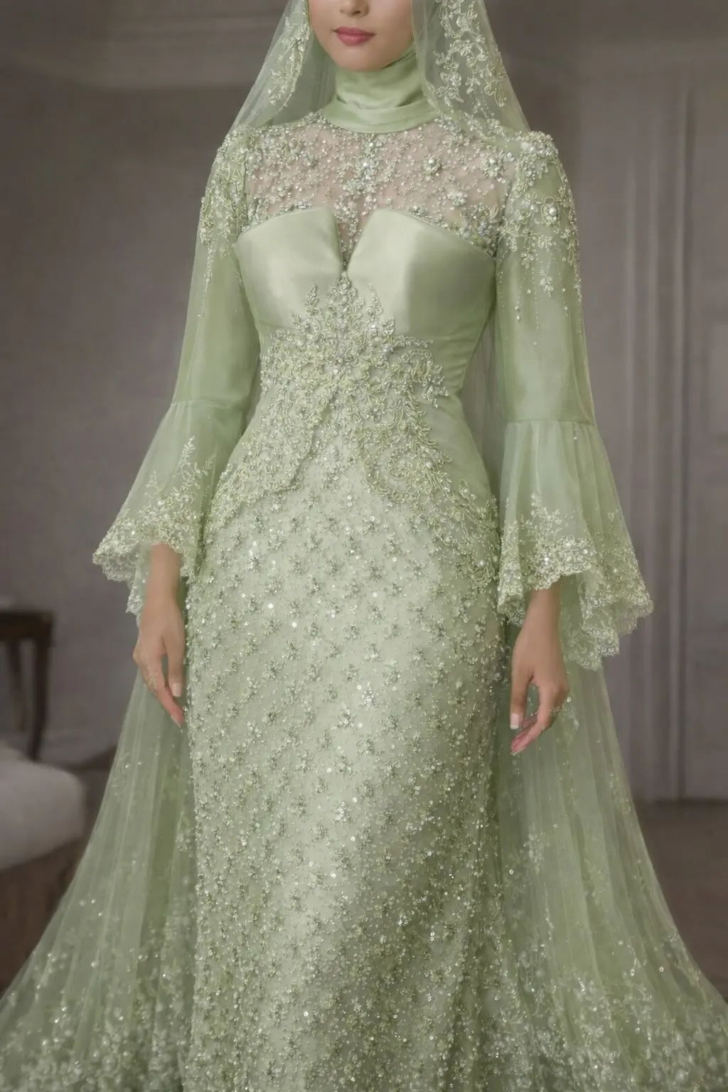 Customized Luxurious Muslim Wedding Dress Beaded Embroidery Hijab Engagemtn Gown Lace Appliques Islamic Second Bridal Dresses