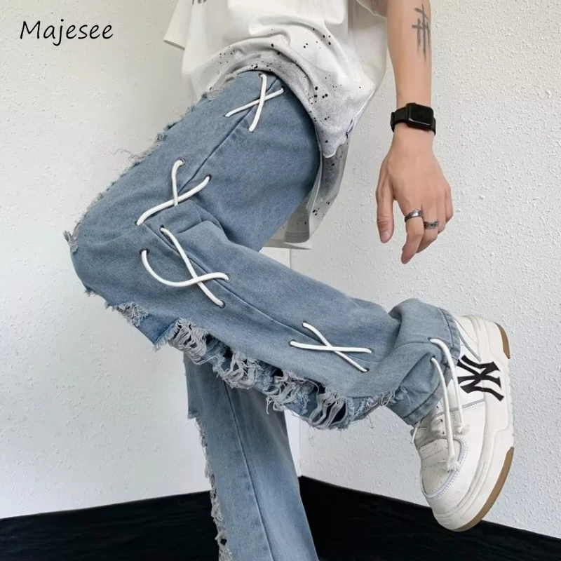 

Ripped Jeans Men Straight Fashion High Street Loose Summer Solid Color Teenagers Handsome American Style Hip-hop Popular Casual