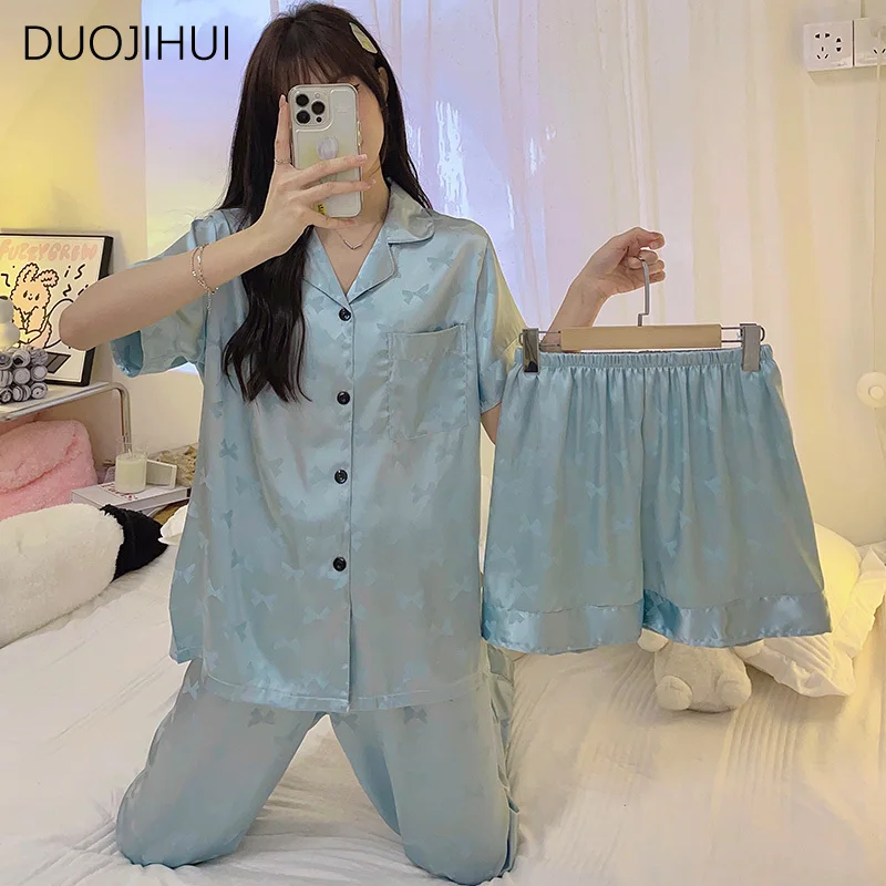 DUOJIHUI Summer Three Piece Casual Home Pajamas for Women New Chic Button Cardigan Basic Pant Simple Fashion Female Pajamas Sets