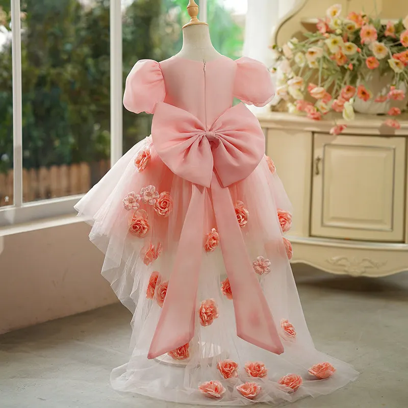 Summer Infant Girls Pink Puff Sleeve Tulle Dress 3d Flower High Low Train Children Princess Gown For Birthday Formal Events