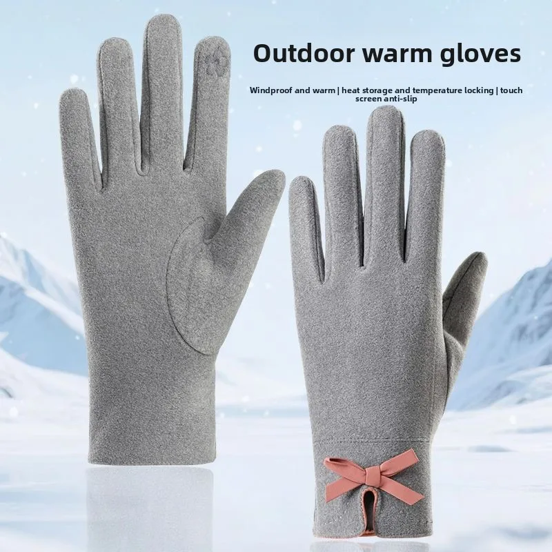 Women Premium Autumn Winter Warm Gloves German Velvet Thickened Touch Screen Compatible Windproof Cold Proof Outdoor Driving