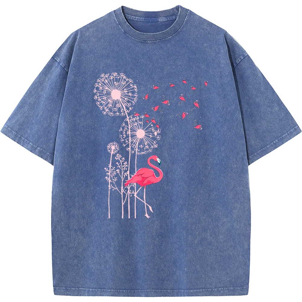 Women's Dandelion Flamingo Short-Sleeved Shirt 230 Grams Of High-Quality Washed Old Tshirt Vintage Loose Tshirt