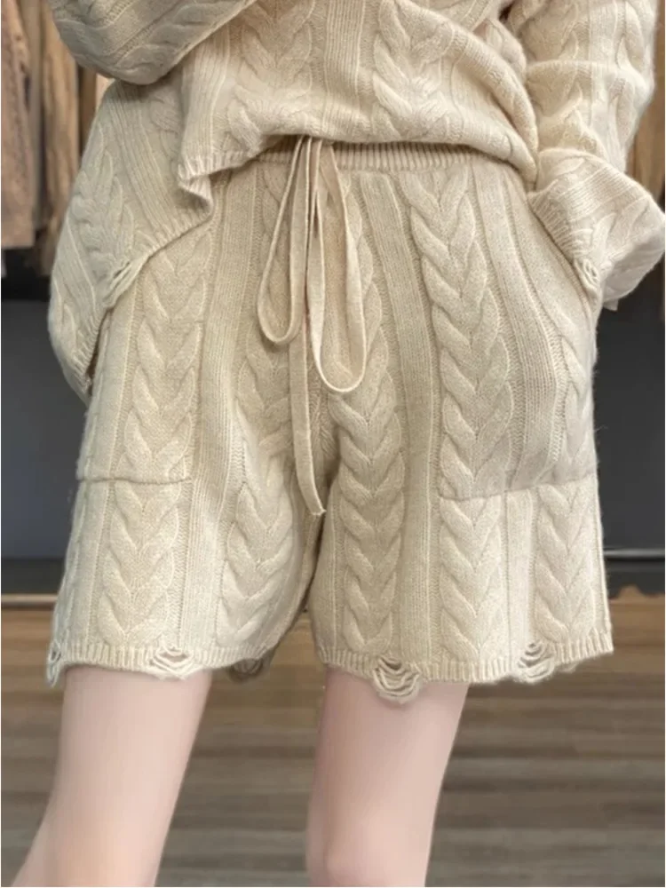 Casual Knitting Suit Women Autumn And Winter 2024 Loose Twist Sweater And Shorts Fashion Women\'s Two-piece Sets E75