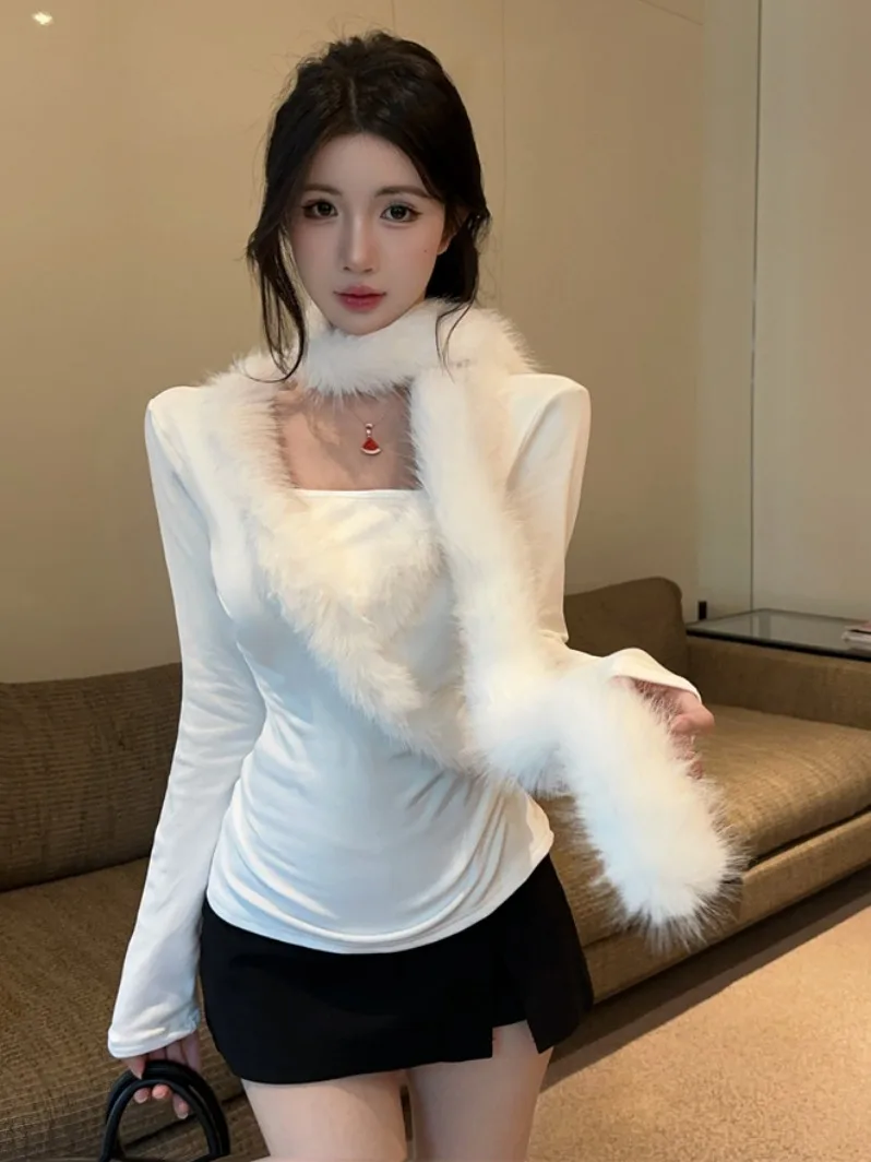 

Furry Scarf Spliced Fur Collar Base Layer Inner Wear Two-Piece Set Autumn Winter Pure White Slimming Design Chic T-irt for ...